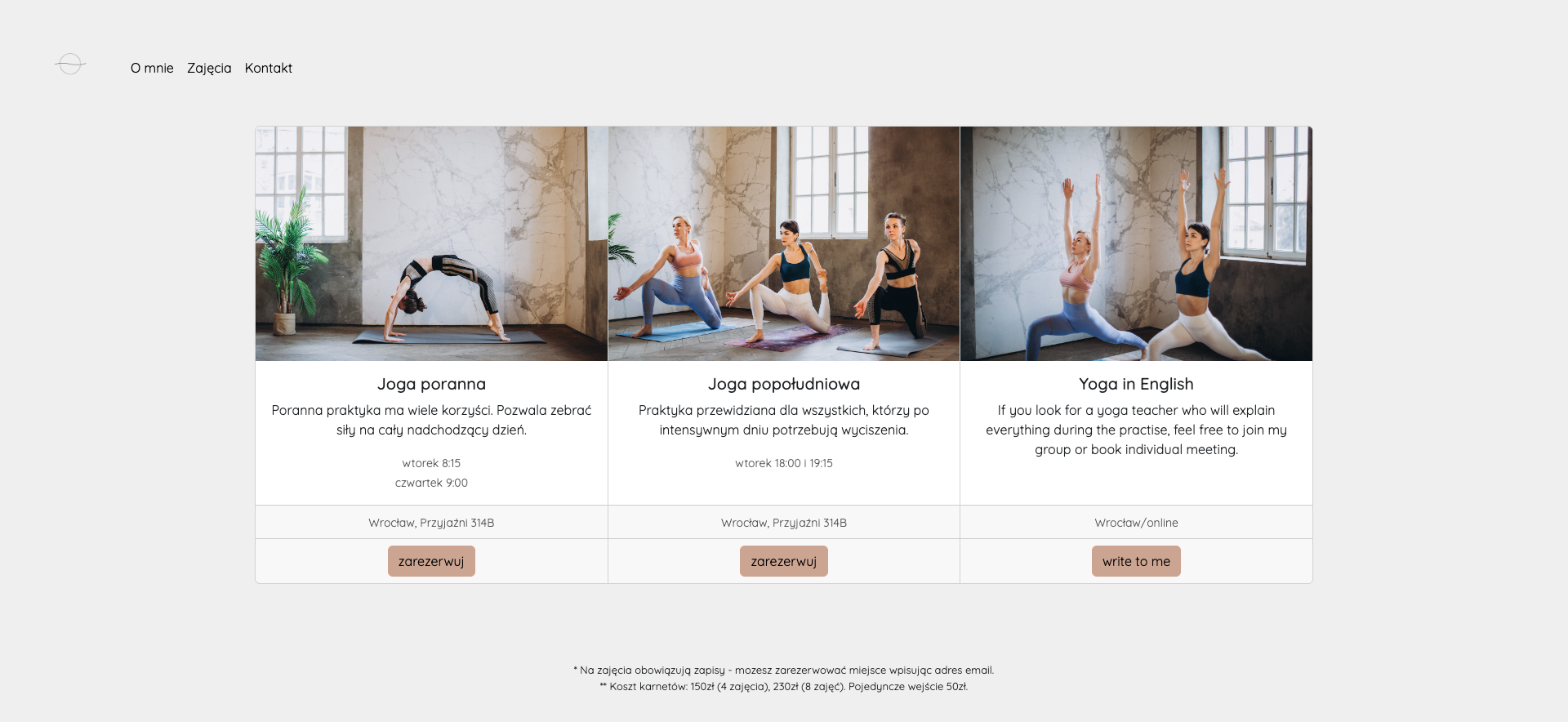 Screenshot of Yoga Teacher Website and Booking System